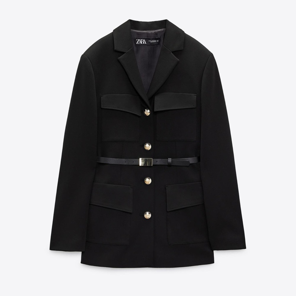 Zara Black Tailored Belted Blazer with Gold Buttons